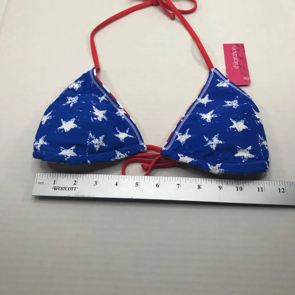 Xhilaration Junior's Sz. Small 0-2 Reversible Triangle Bikini Top Red Stripe New